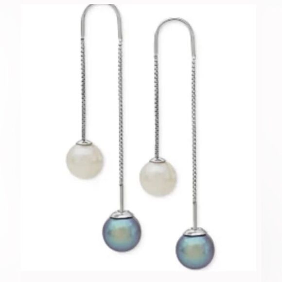 NEW! Gray and White Cultured Freshwater Pearl (8mm) Threader Earrings - Picture 1 of 4